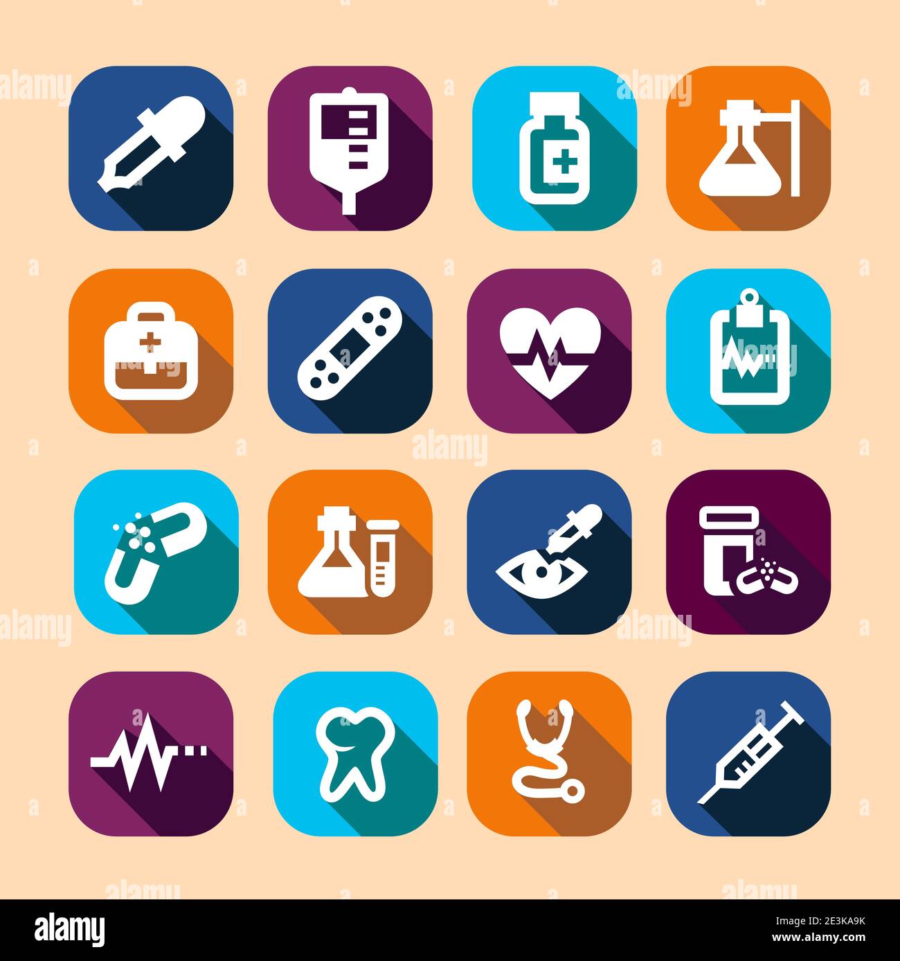 Long Shadows Medical Vector Icons Set. Stock Vector