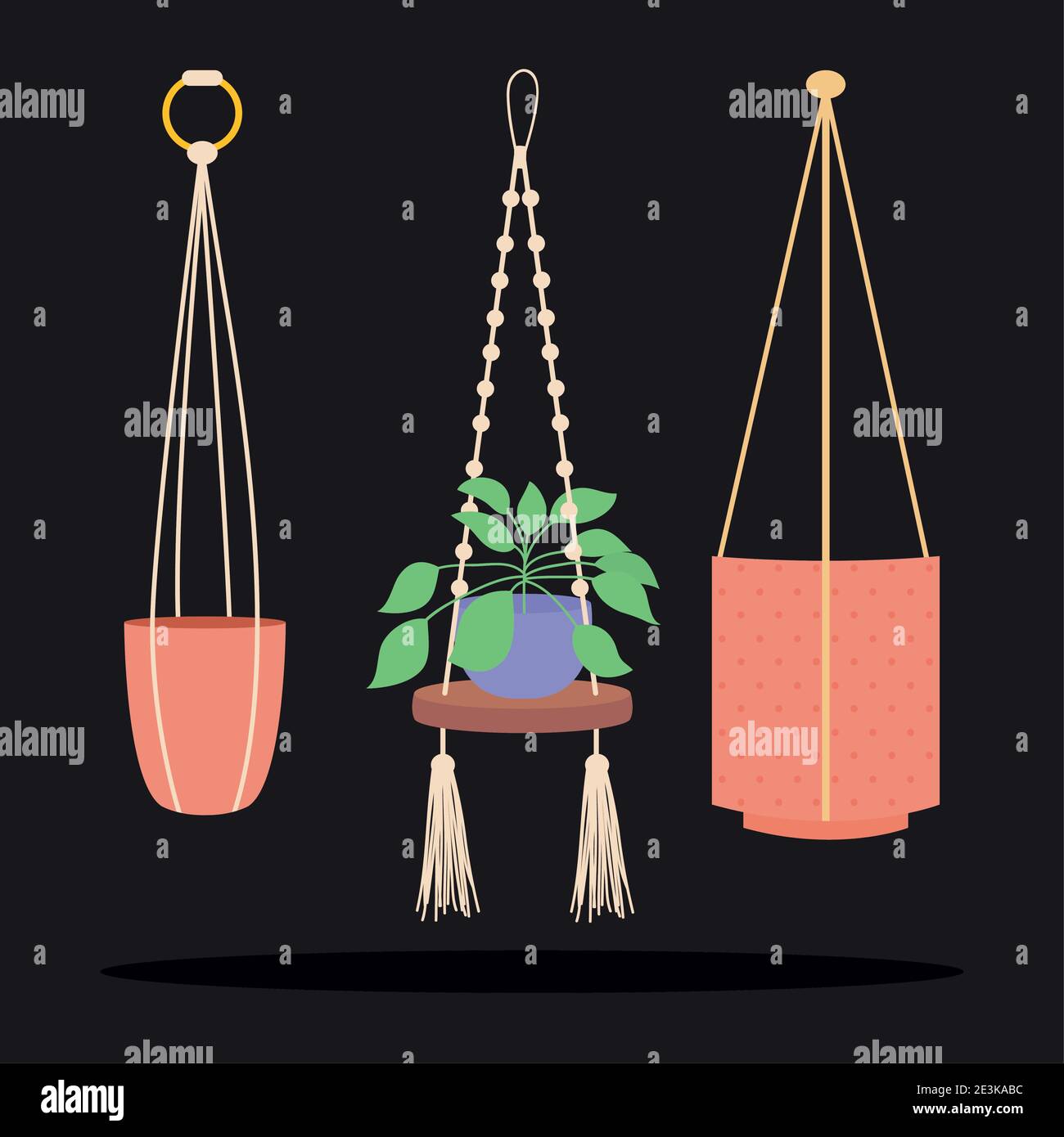 icon set of decorative plant and macrame hangers with pots for plants ...