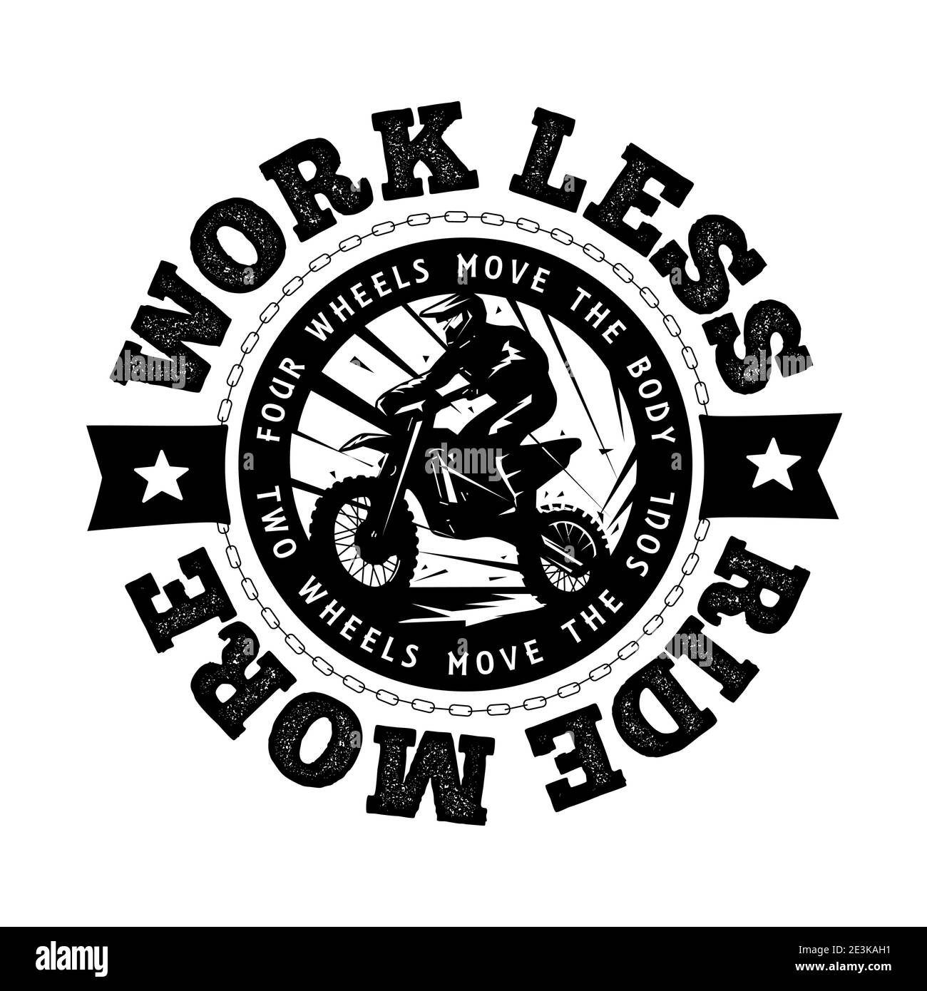 Enduro or motocross vector logo illustration. Emblem for print. Work less, Ride more. Editable design for off-road lovers. Stock Vector