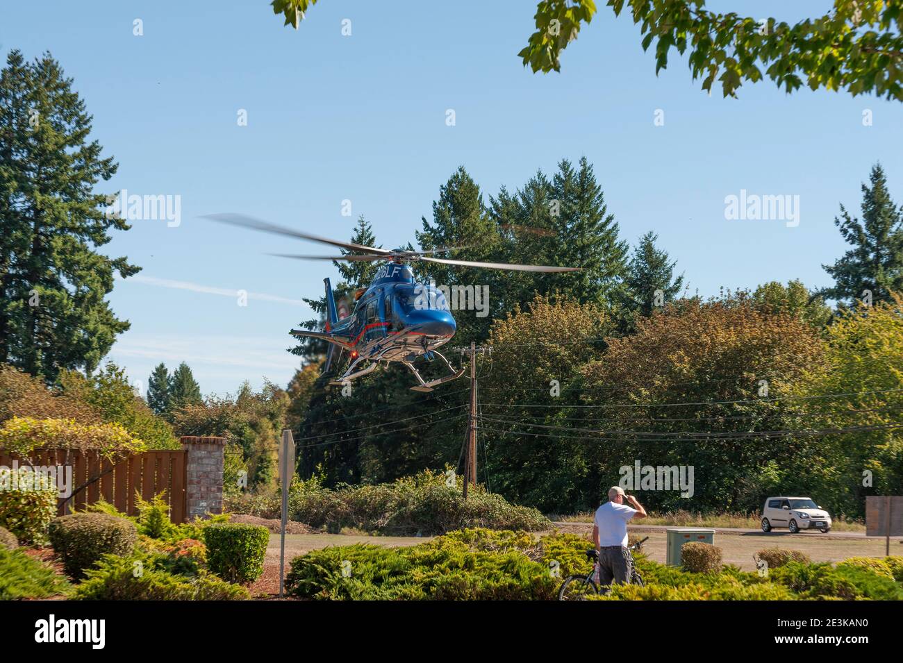 Lafayette, Oregon, USA - September, 19. 2015:  Life threatening injuries' calls for Life Flight to transport patient Stock Photo