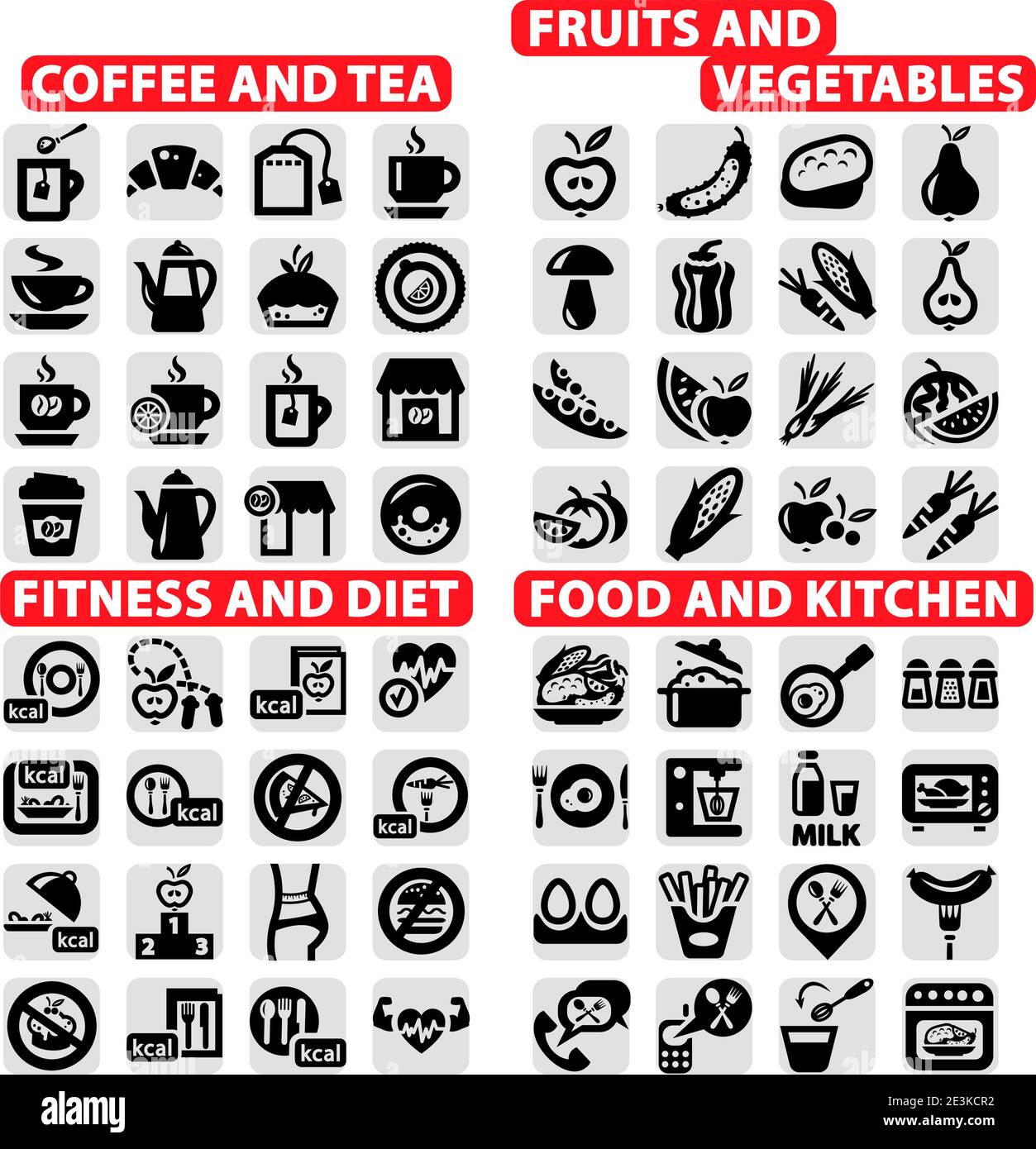 Elegant Vector Coffee and Tea, food, Fruits and Vegetables, Fitness and Siet Icons Set. Stock Vector