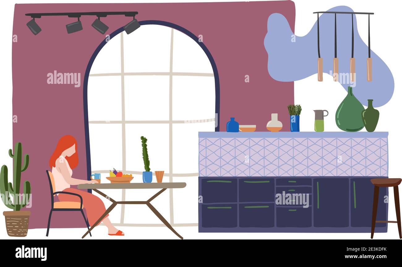 Vector drawing of woman sitting in the kitchen, stay at home concept Stock Vector
