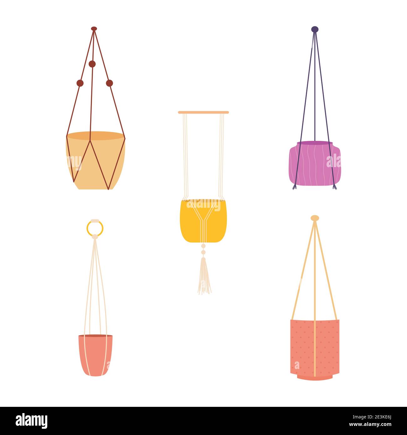 icon set of decorative macrame hangers with pots for plants over white ...