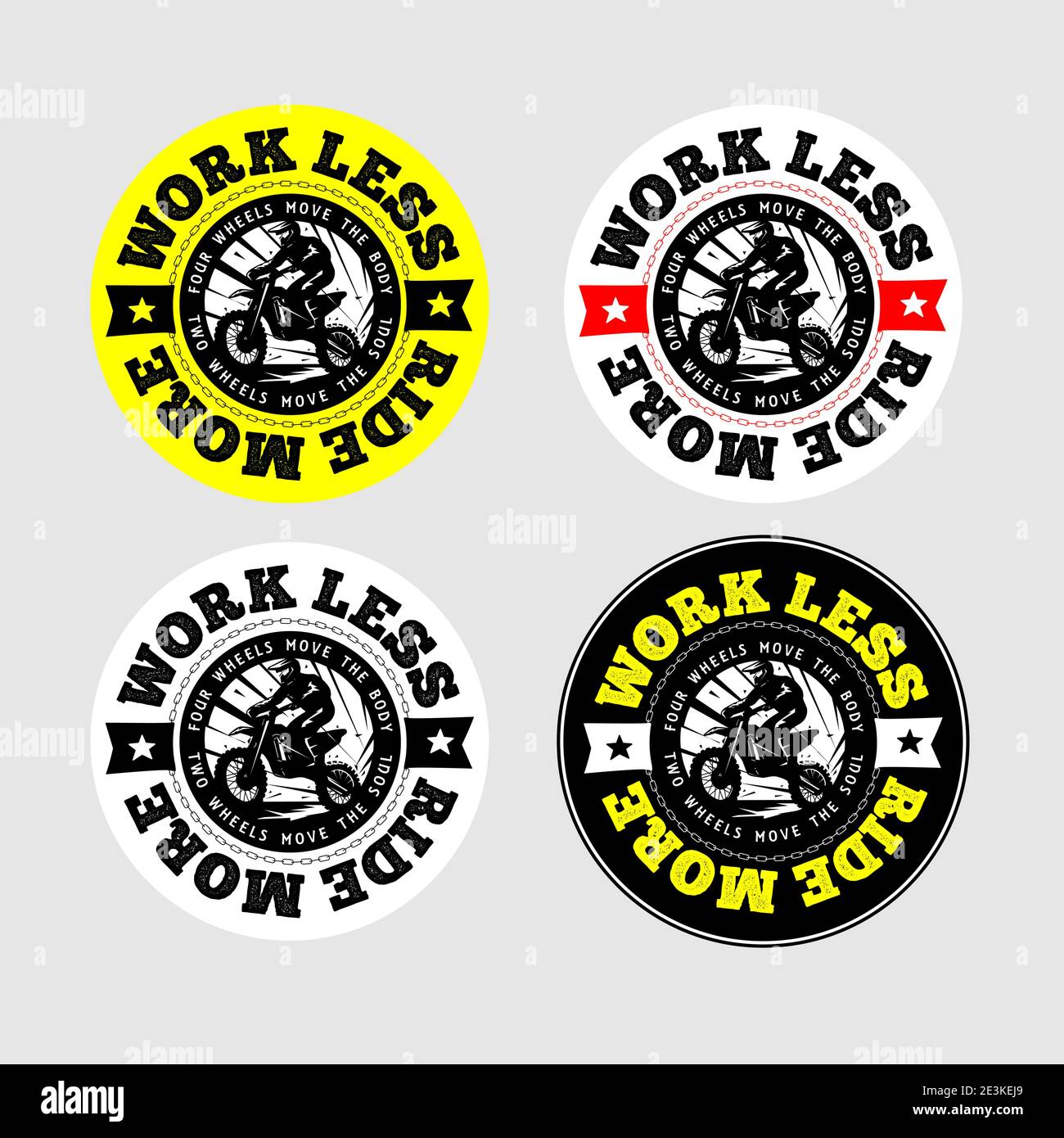 Enduro or motocross vector logo illustration. Emblem for print. Work less, Ride more. Editable design for off-road lovers. Four variations. Stock Vector