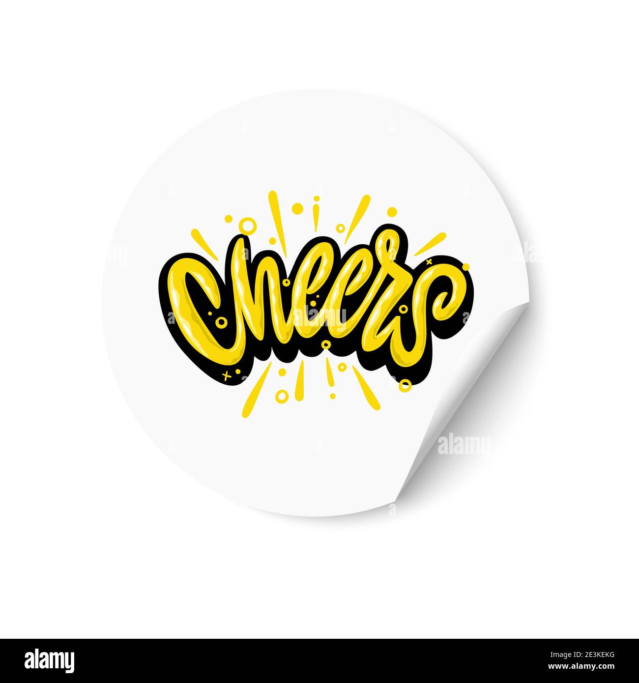 Cheers. White sticker with Cheers text. Hand lettering. Design for greeting cards, invitations, banners, gifts, prints and posters. Stock Vector