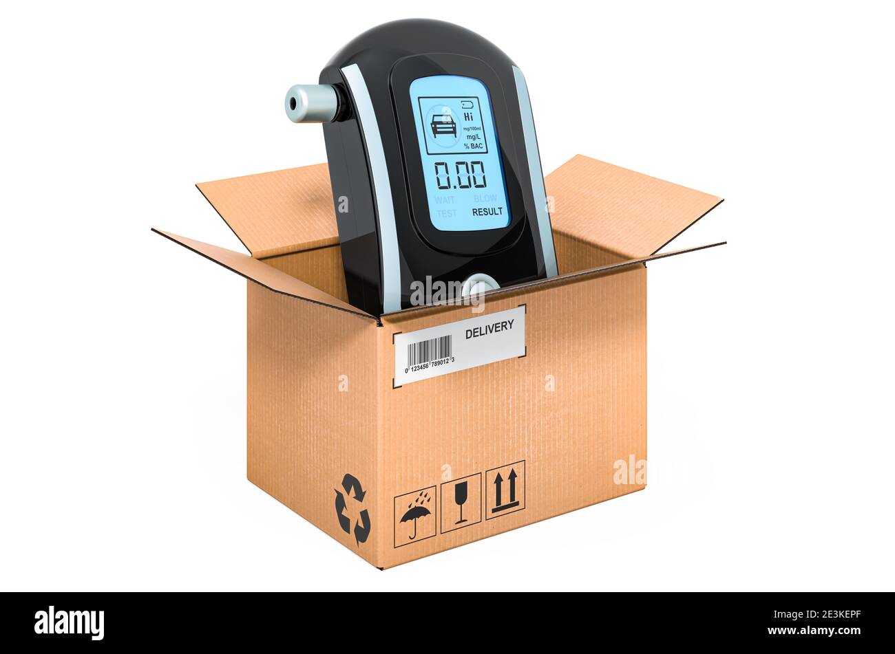 Breathalyzer, portable breath alcohol tester inside cardboard box