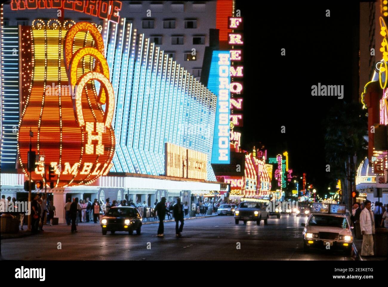Colorful neon signs for casinos on Fremont Street in Downtown Las Vegas, Nevada Stock Photo