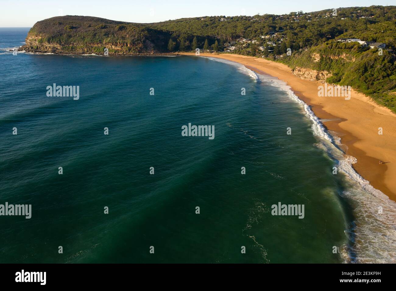Aerial view of a beautiful sunny morning at Macmasters Beach, Central Coast, NSW, Australia. Stock Photo