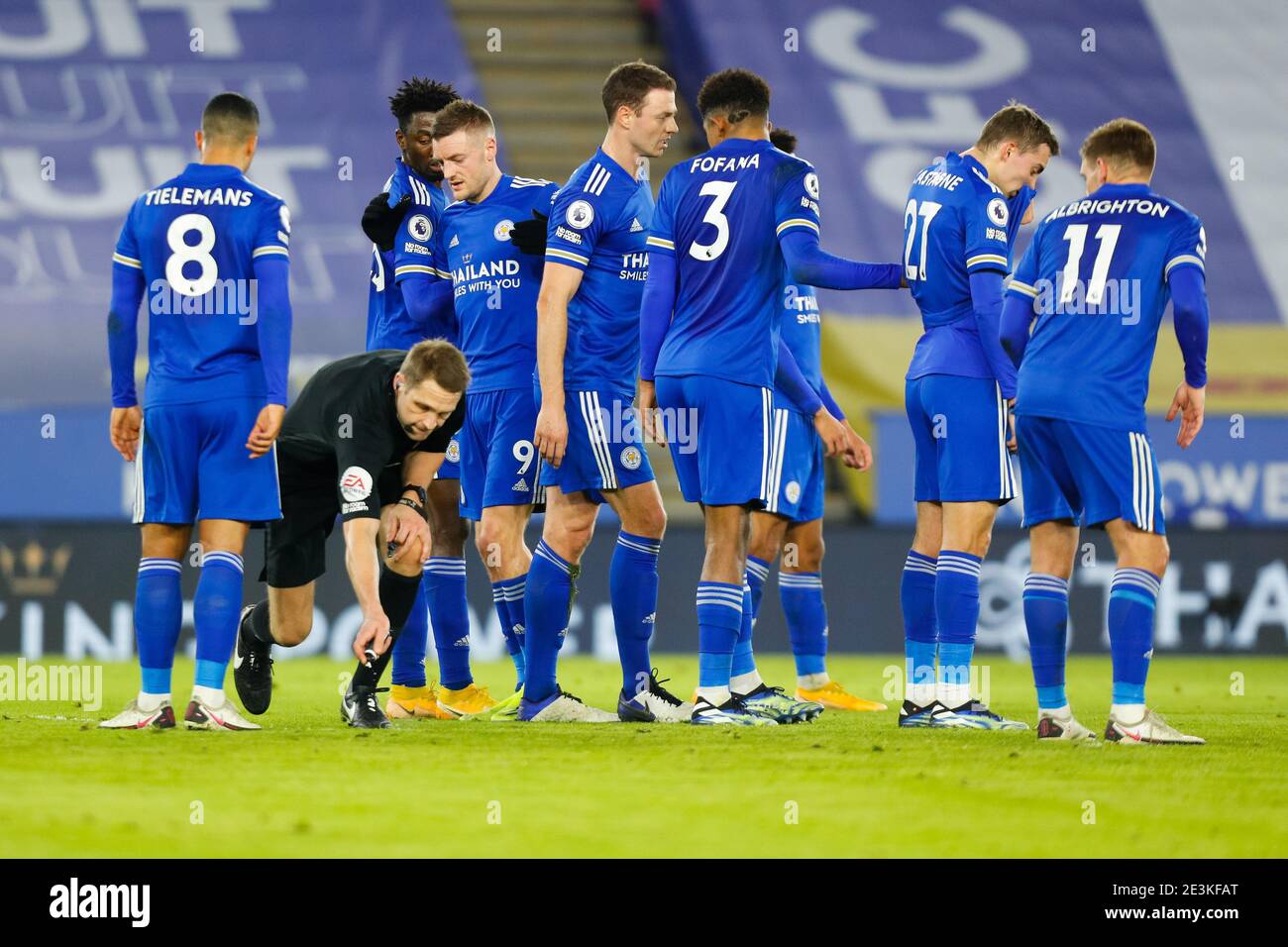 Leicester Uk 19th January 21 King Power Stadium Leicester Midlands England English Premier League Football Leicester City Versus Chelsea Leicester City Players Organise Themselves Into A Defensive Wall As Referee Craig Pawson