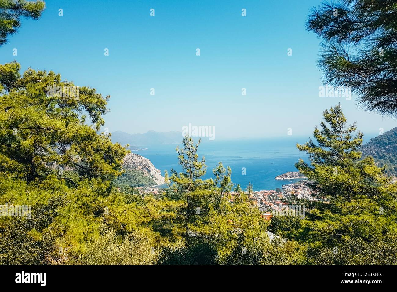 Scenic view from the forest mountain on the coastal village. Turunc, Marmaris, Turkey. Stock Photo