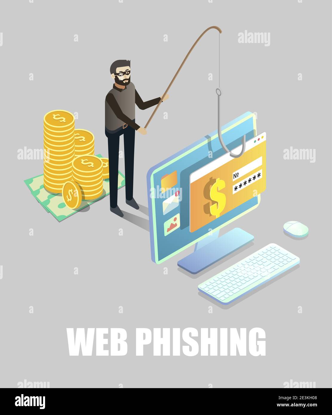 Isometric cyber thief hacking bank account card data from computer with fishing rod, vector illustration. Web phishing. Stock Vector