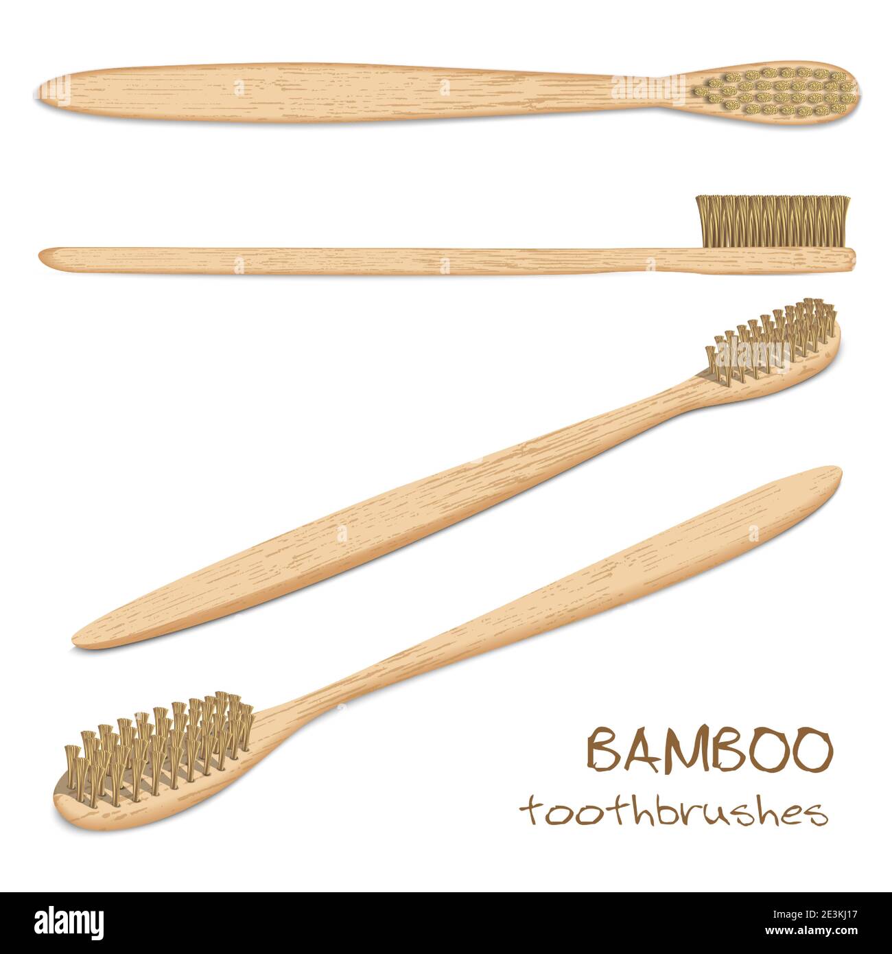 Bamboo toothbrushes. Varicoloured, natural bristle. Zero waste, Biodegradable material. Eco-friendly products. Isolated on white background. Stock Vector