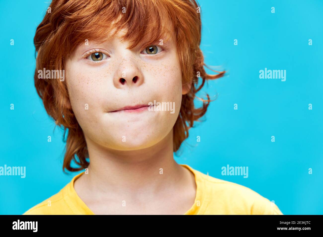 Cute redhead boy face closeup freckles yellow t-shirt cropped view Stock Photo - Alamy Cute redhead boy face closeup freckles yellow t-shirt cropped view Stock Photo - Alamy