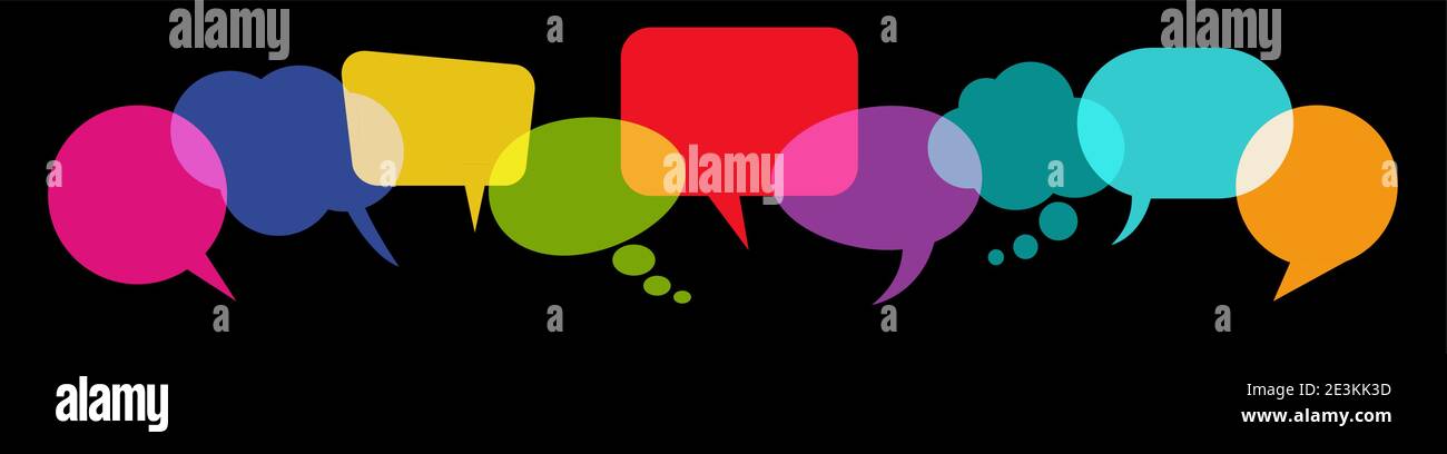 illustration of colored speech bubbles in a row with space for text on ...
