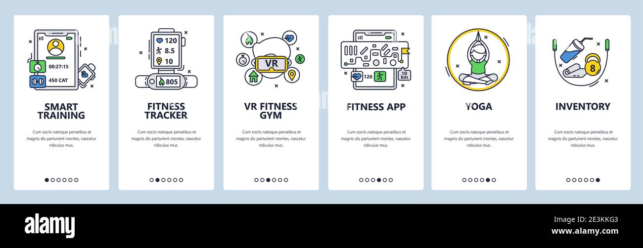 Smart training. Fitness tracking app, vr gym, yoga, sport inventory. Mobile app screens, vector website banner template. Stock Vector