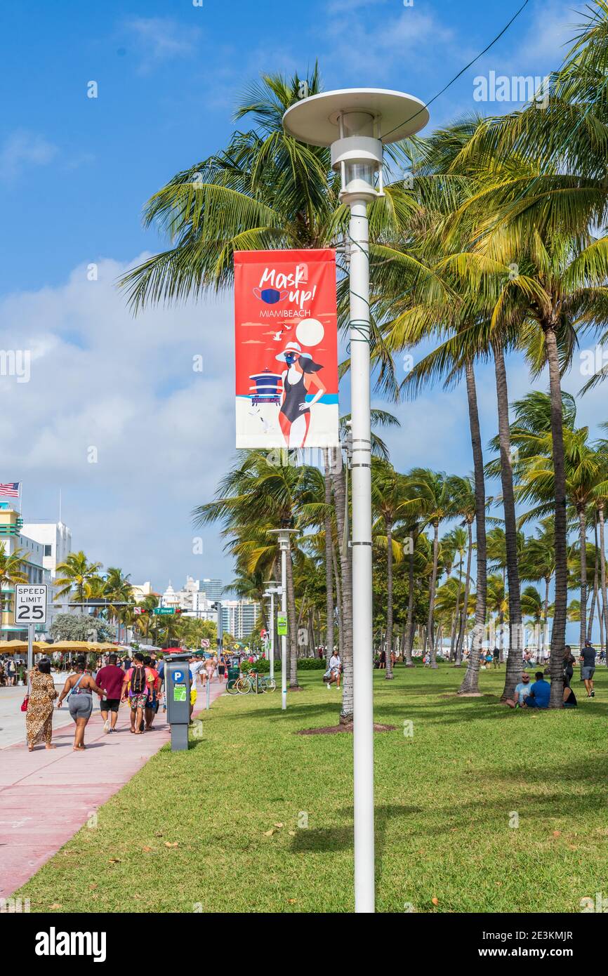 Lummus Park Decorated with COVID-19 Safety Signs. Stock Photo