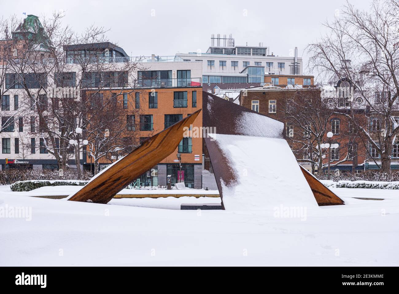 « Eclatement II » on the place Jean Pelletier under the snow in Quebec city. Stock Photo