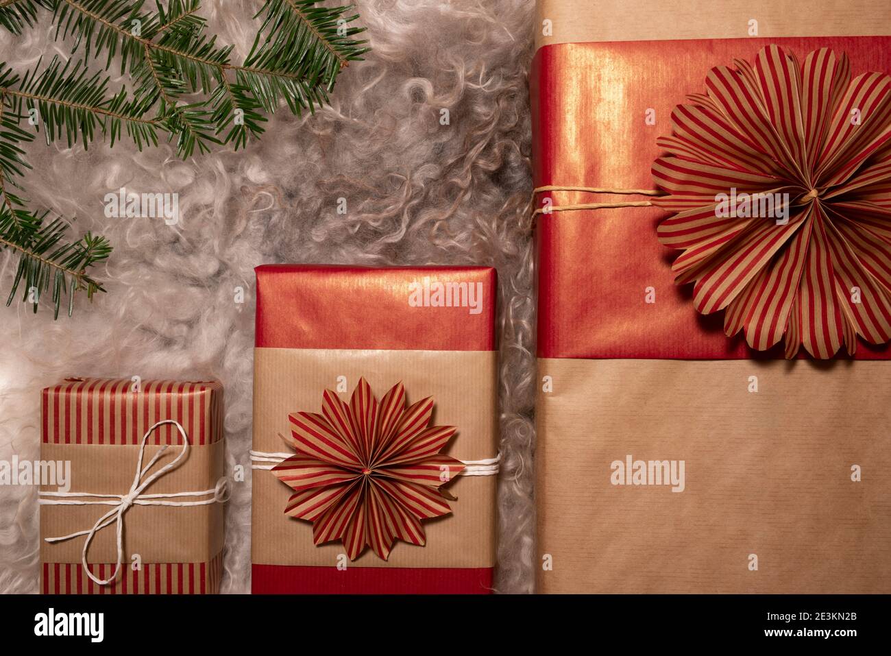 Arranged Handmade Decorative Christmas Gift Boxes Stock Photo