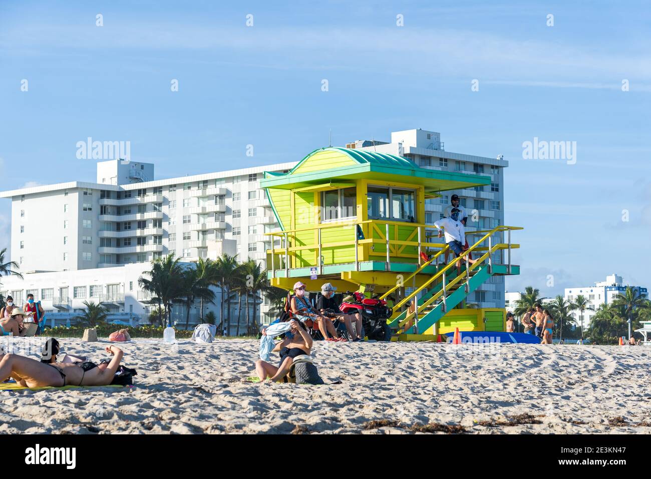 Miami, Florida - January 2, 2021: People Sunbathing in Miami Beach. Stock Photo