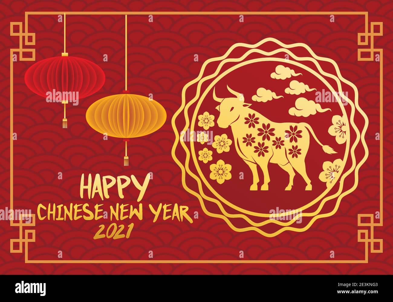 chinese new year 2021 lettering card with lamps hanging and golden ox ...