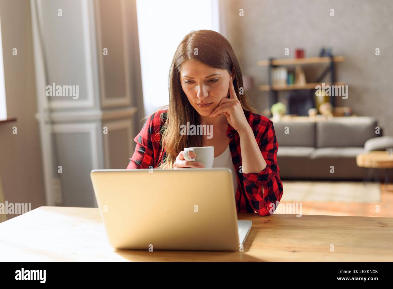 Woman teleworker works at home with a laptop Stock Photo