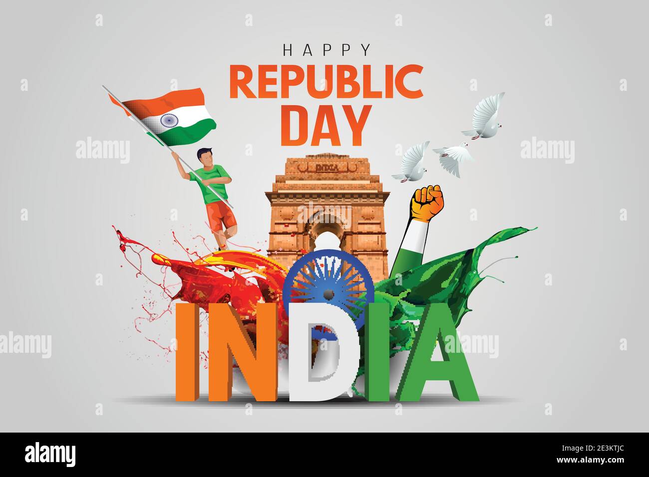 Indian republic Day celebrations with 26th January india 3d text and Ashoka Wheel, try color hand, man running with indian flag, india gate. vector il Stock Vector