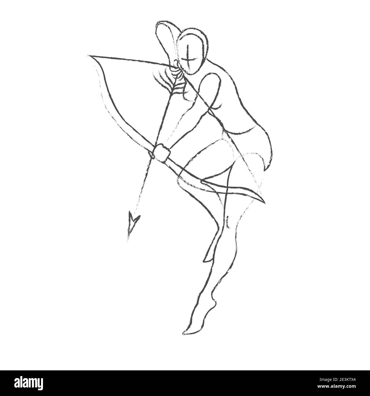 A sketch of the silhouette of a girl archer in a dynamic pose with a bow and arrow. Slender archer in coal style. Drawing of the movement of a fantast Stock Vector