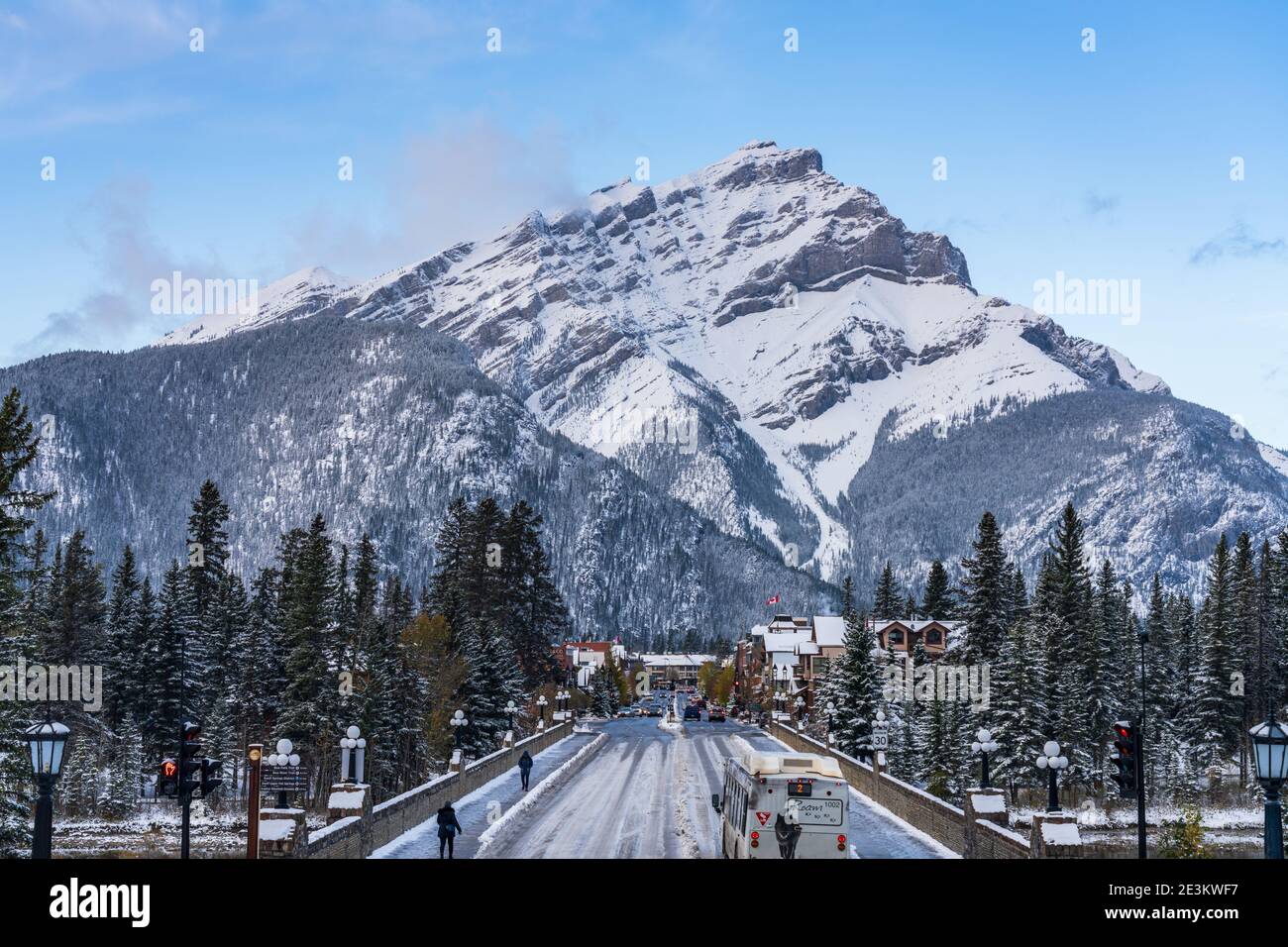 Banff Avenue in snowy day. Cascade Mountain in the background. Banff National Park, Canadian Rockies. Stock Photo