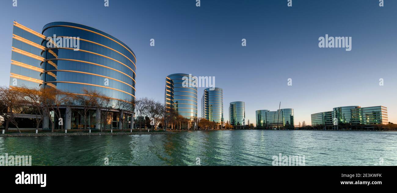 Redwood Shores, California - January 19, 2021: Sunrise over Oracle Headquarters and Lake. Stock Photo