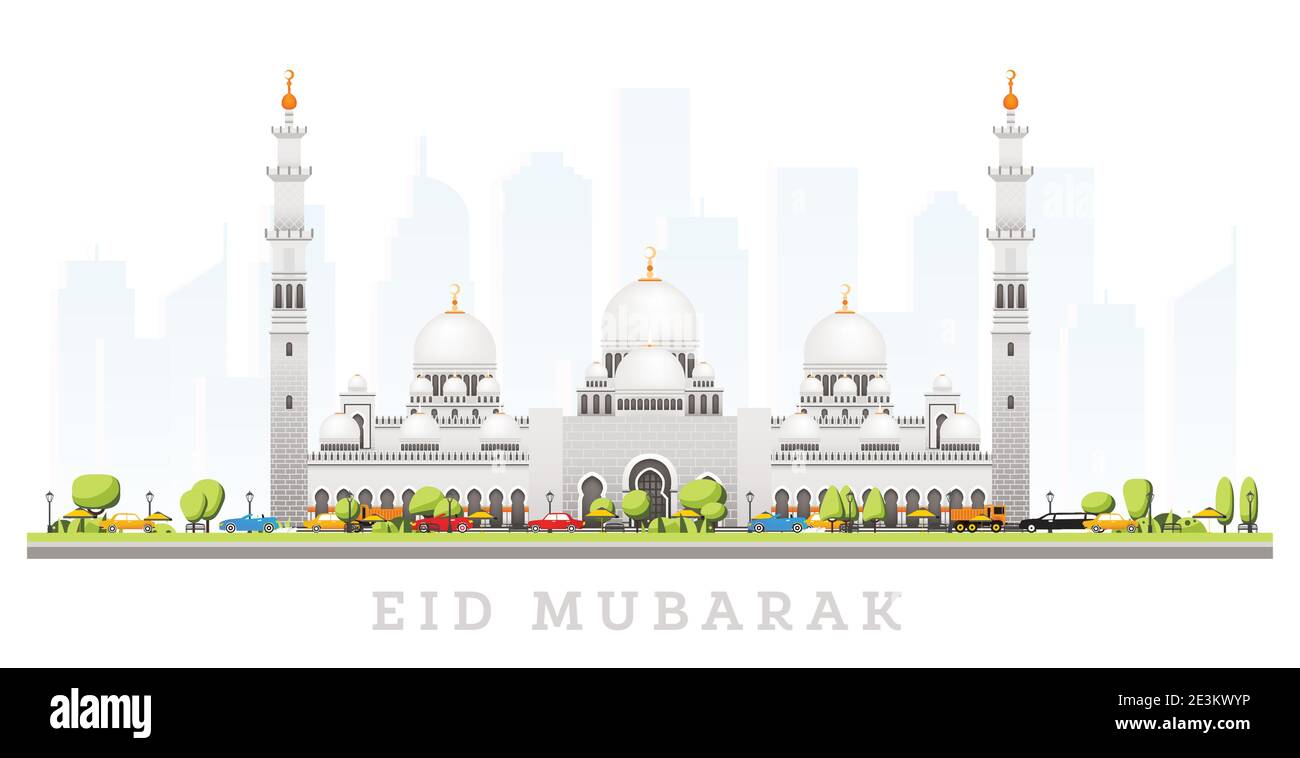 Ramadhan Kareem. Eid Mubarak Greetings with Grand Mosque in Abu Dhabi Isolated on White. Vector Illustration. Elegant Islamic Mosque Building. Stock Vector
