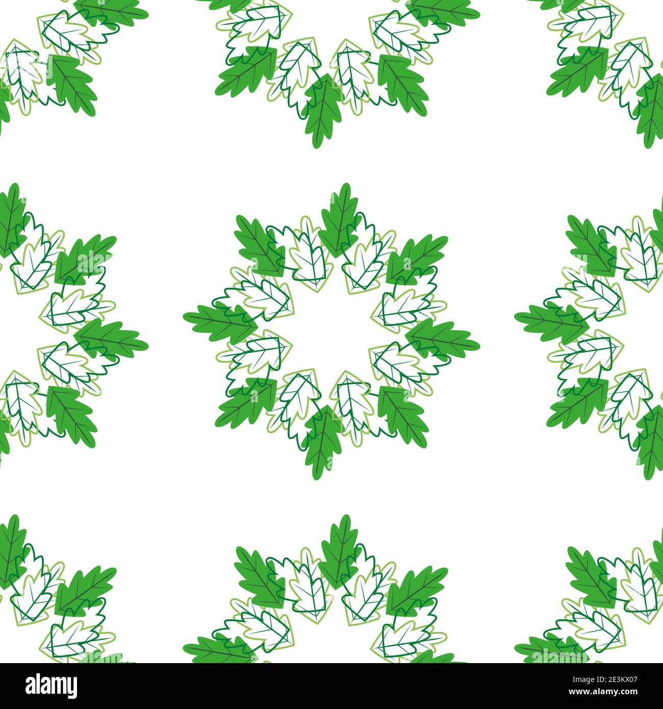 Wreaths of leaves and their contours on a white background. Abstract seamless vector pattern with green oak leaves. Deciduous decor. Stock Vector