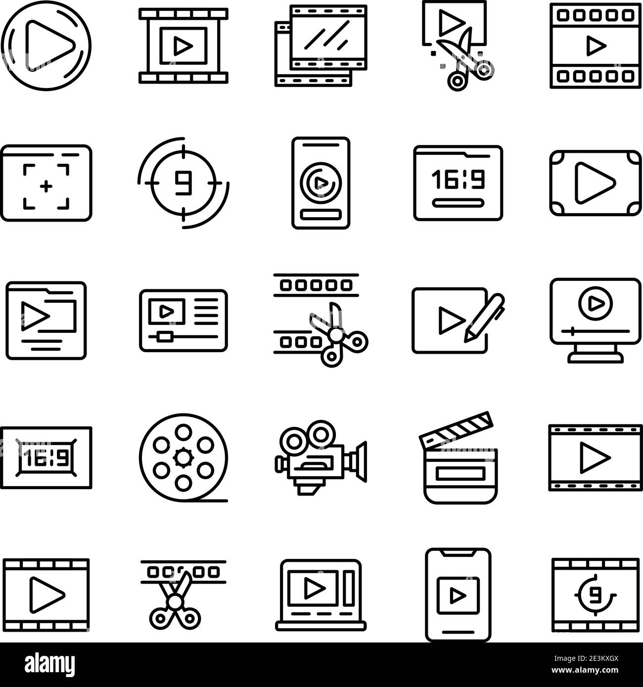 Clip montage icons set. Outline set of clip montage vector icons for web design isolated on white background Stock Vector