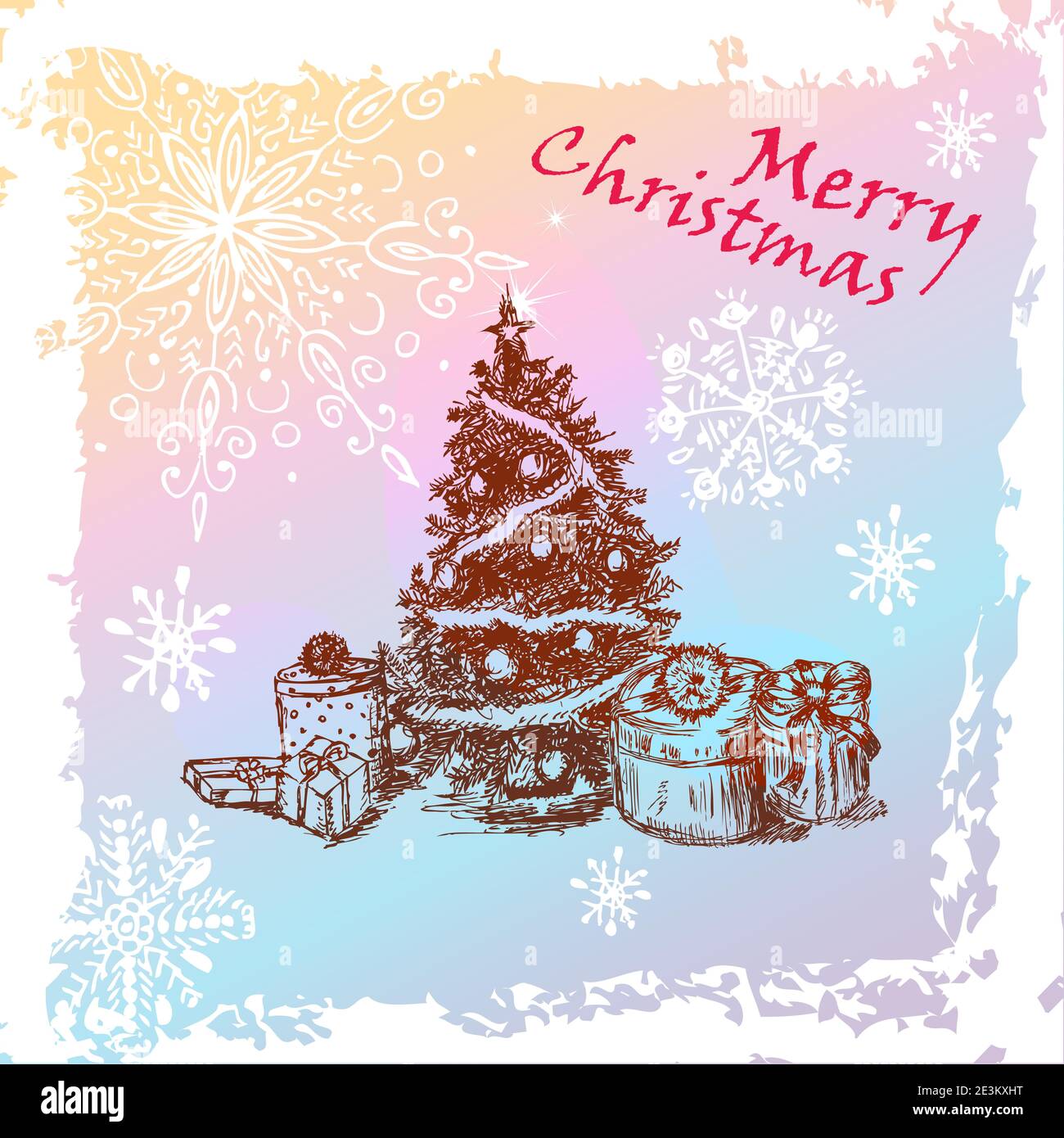 Hand Drawn Vintage Christmas Fir Tree With Balls And Gifts. Vector Eps ...