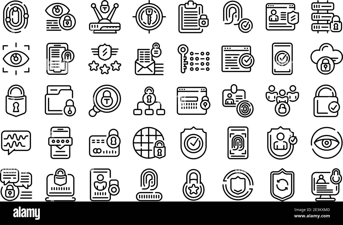 Privacy icons set. Outline set of privacy vector icons for web design ...