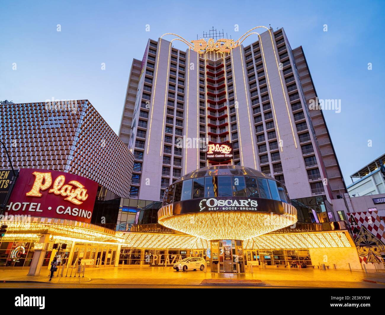 Las Vegas, JAN 12, 2021 - Exterior view of The Plaza Hotel and Casino Stock Photo