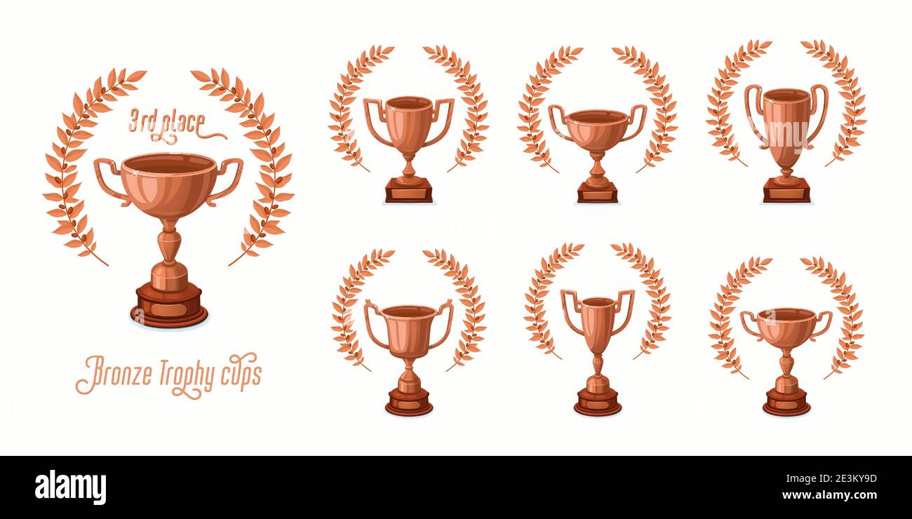 Bronze trophy cups with laurel wreaths. Trophy award cups set with ...