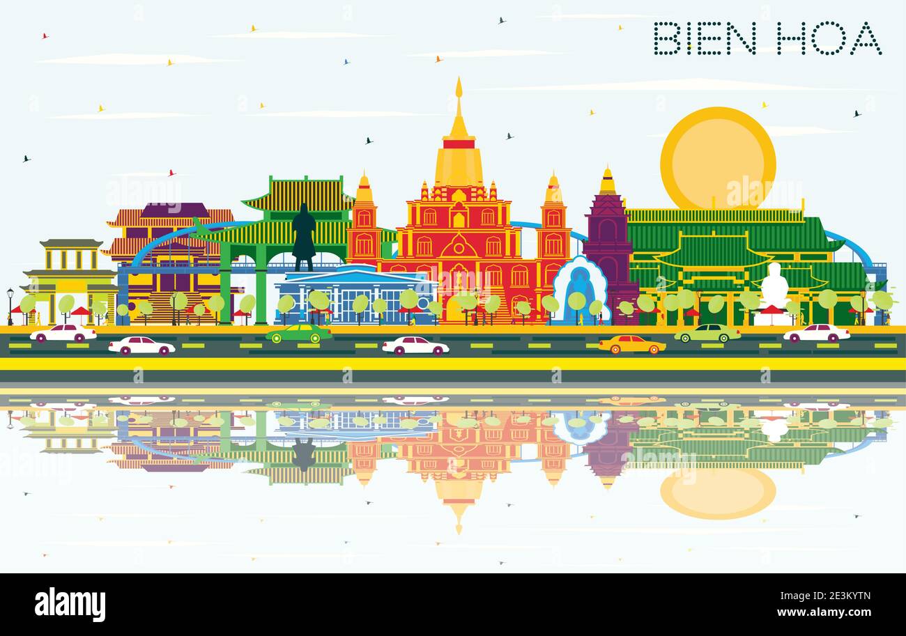 Bien Hoa Vietnam City Skyline with Color Buildings, Blue Sky and Reflections. Vector Illustration. Business Travel and Tourism Concept Stock Vector