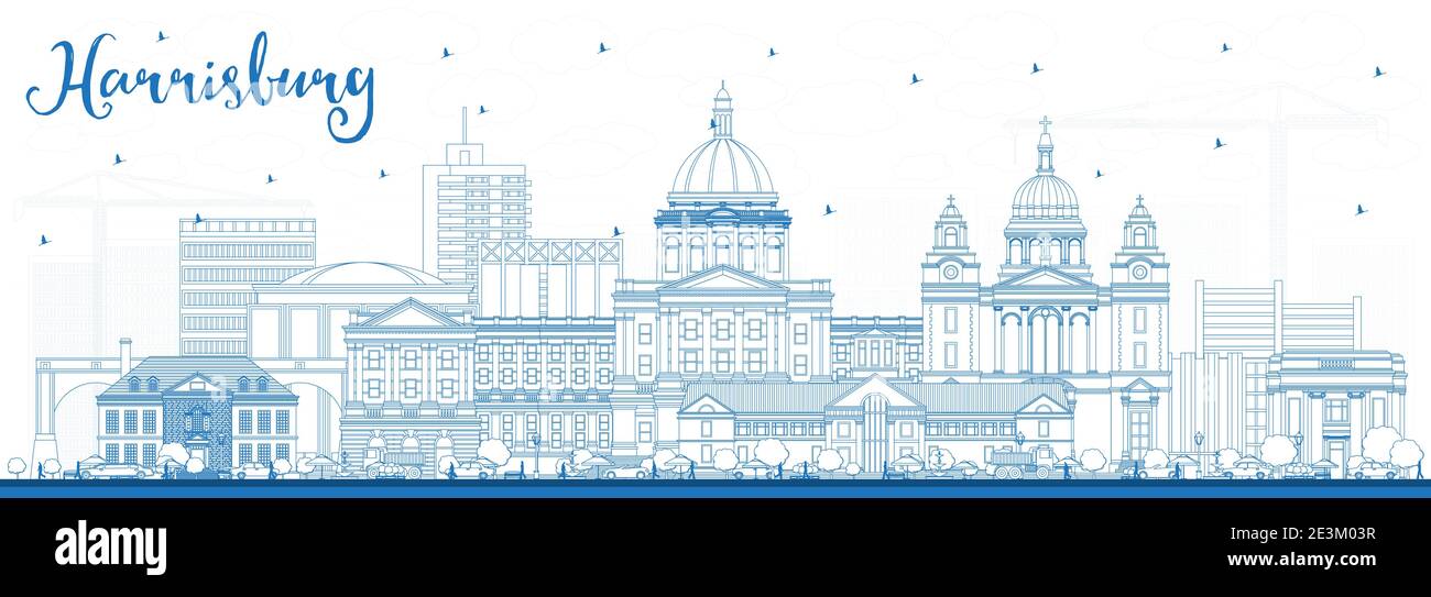 Outline Harrisburg Pennsylvania City Skyline with Blue Buildings