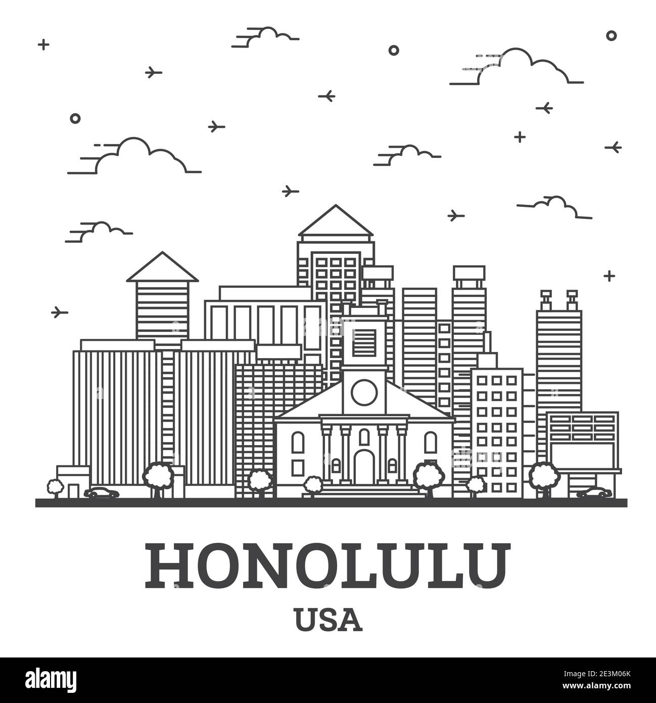 Outline Honolulu Hawaii USA City Skyline with Modern Buildings Isolated on White. Vector