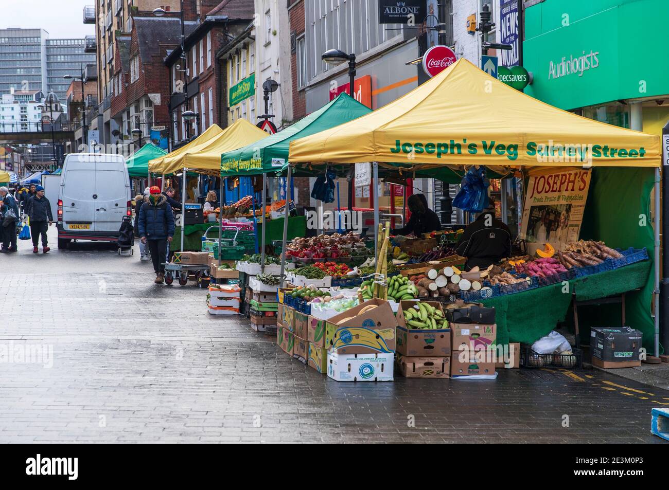 A general view of Surrey Street Market in Croydon.Only 33,355 positive Covid19 cases have been recorded today, the lowest number of daily cases since December 27th- before the start of England’s third nationwide lockdown. Stock Photo