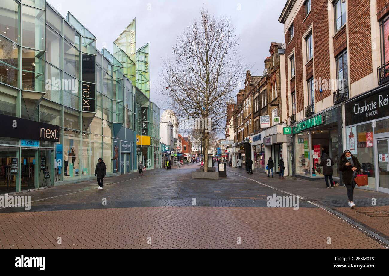 A view of a semi deserted shopping center in Croydon, a large town of south London.Only 33,355 positive Covid19 cases have been recorded today, the lowest number of daily cases since December 27th- before the start of England’s third nationwide lockdown. Stock Photo