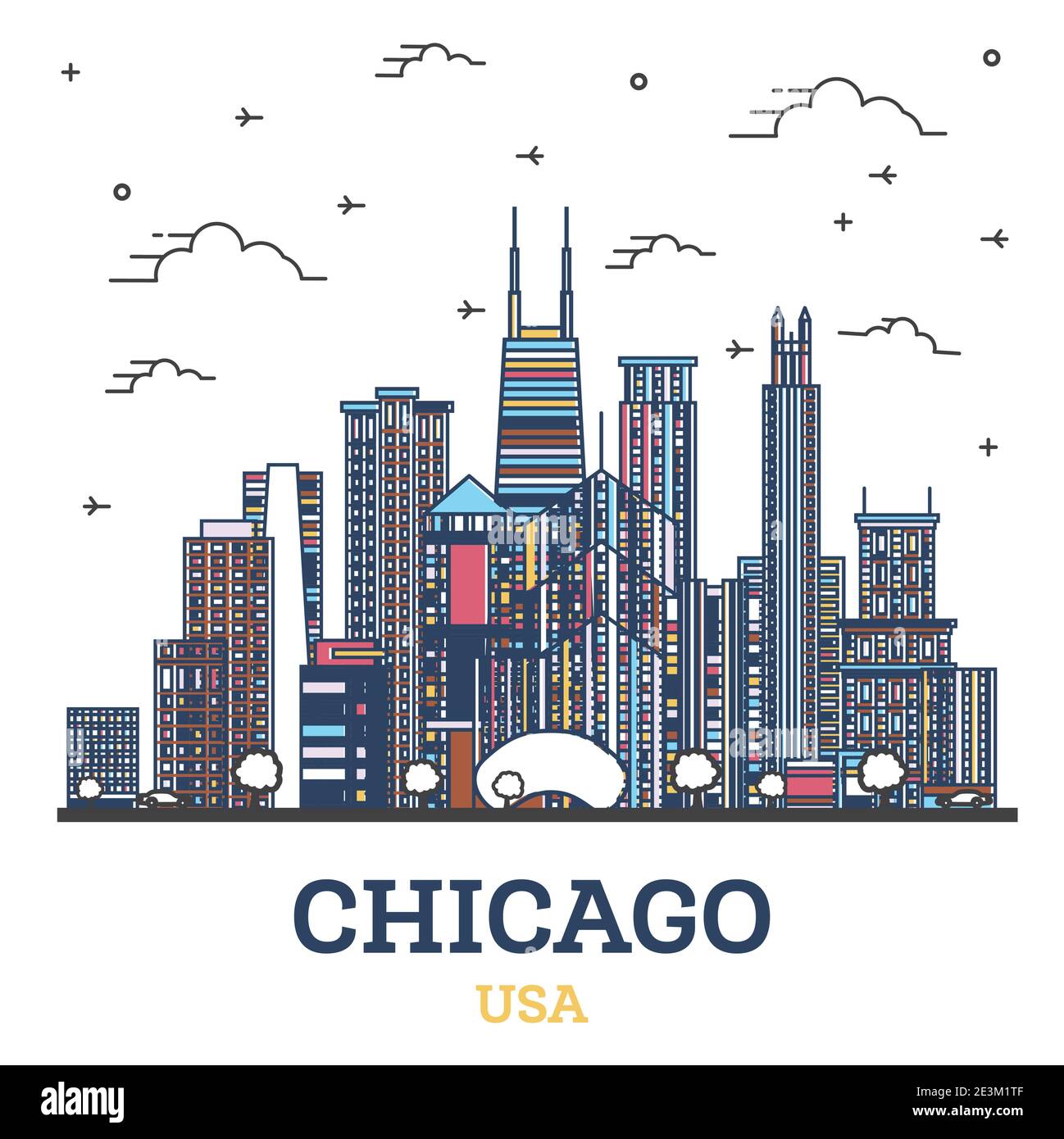 Outline Chicago Illinois USA City Skyline with Colored Modern Buildings Isolated on White. Vector Illustration. Chicago Cityscape with Landmarks. Stock Vector