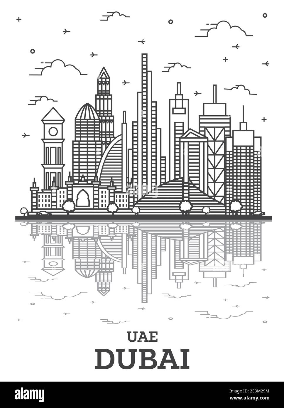 Outline Dubai United Arab Emirates (UAE) City Skyline with Modern Buildings and Reflections Isolated on White. Vector Illustration. Dubai Cityscape Stock Vector