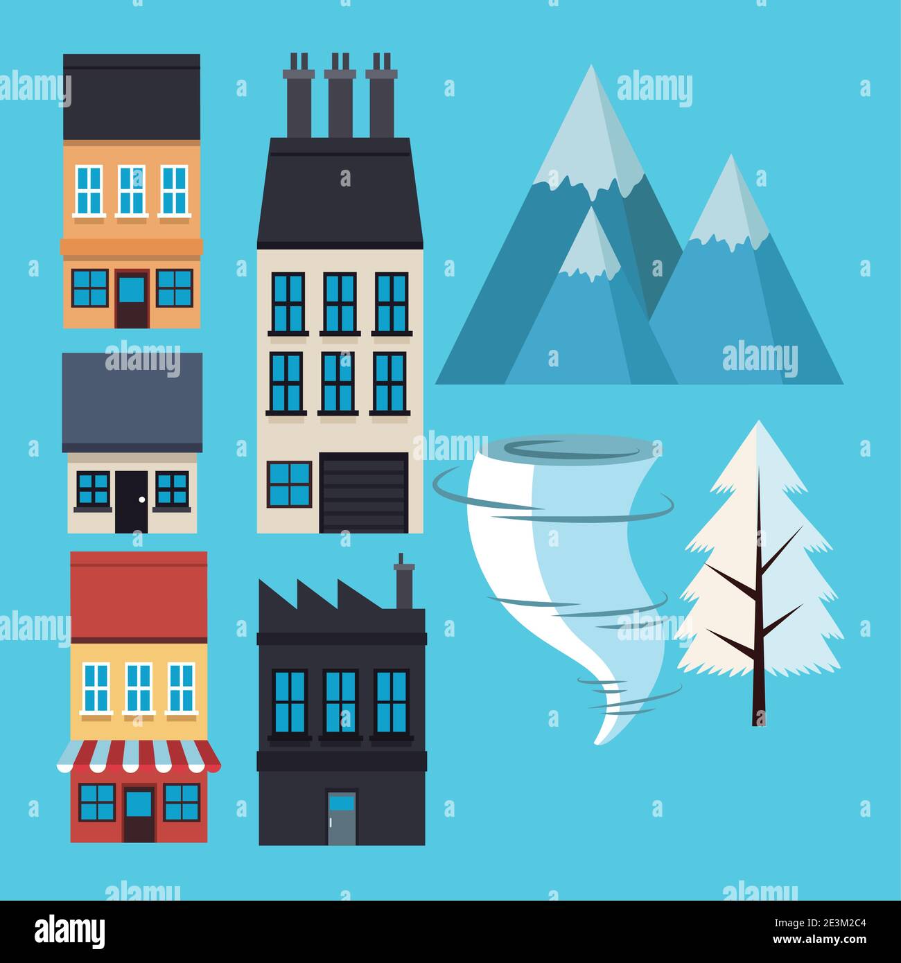 set of houses facades with mountains and twister vector illustration ...