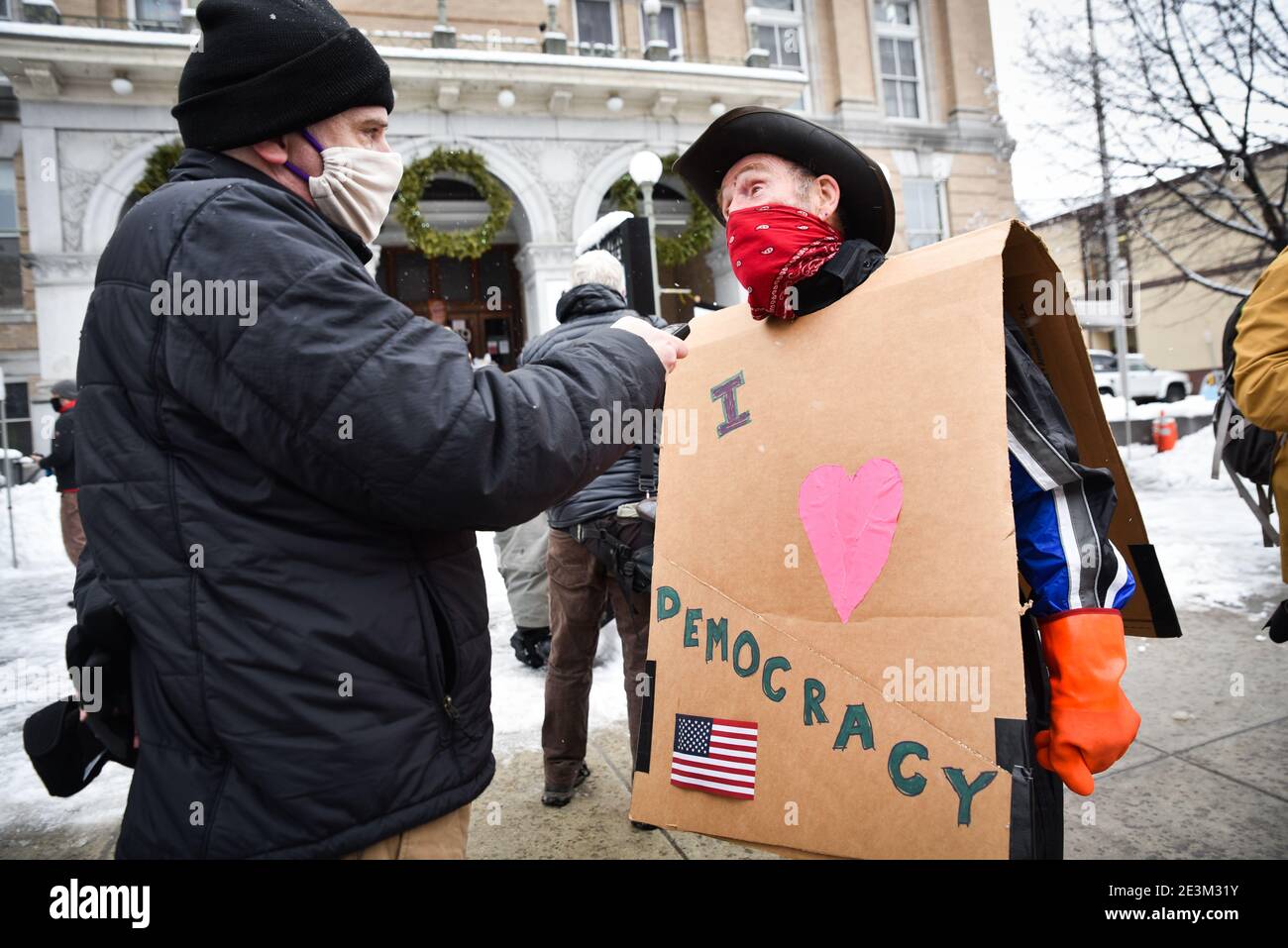 Demonstrators against fascism in USA at Montpelier, VT, USA, city hall after Jan. 6, 2021 attack on US Capitol. Stock Photo