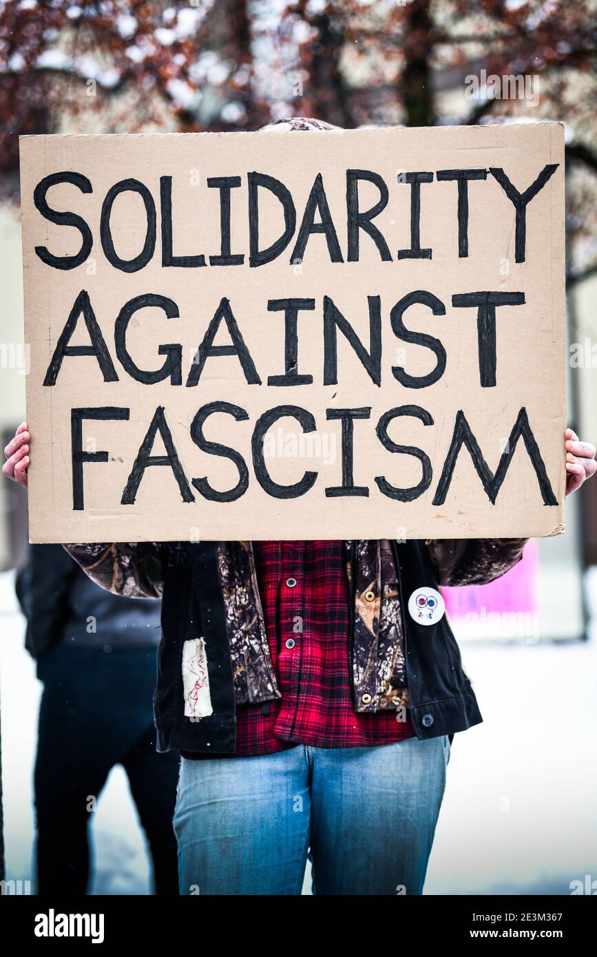 Demonstrators against fascism in USA at Montpelier, VT, USA, city hall after Jan. 6, 2021 attack on US Capitol. Stock Photo