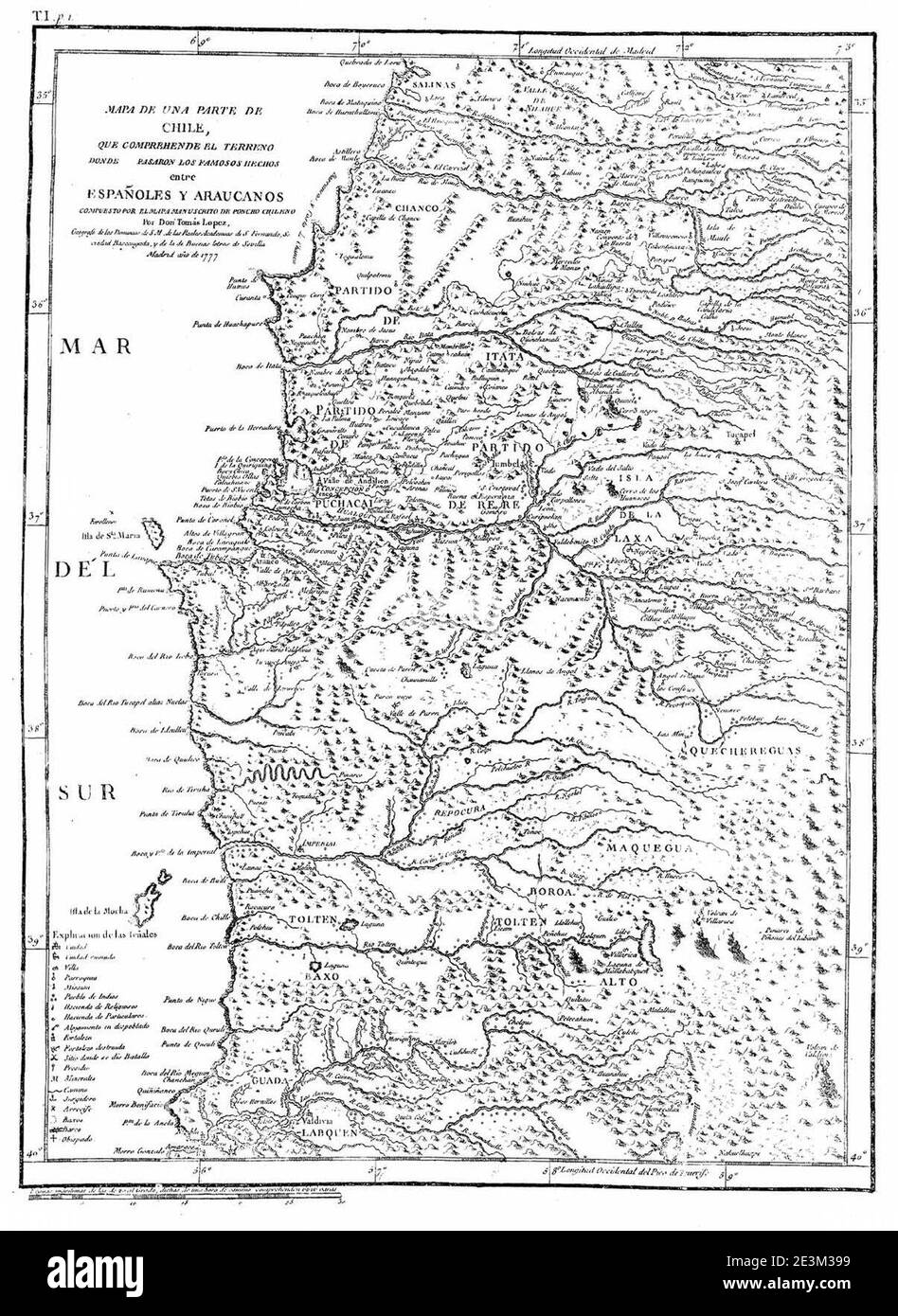 Mapa Chile Españoles y Araucanos. Stock Photo
