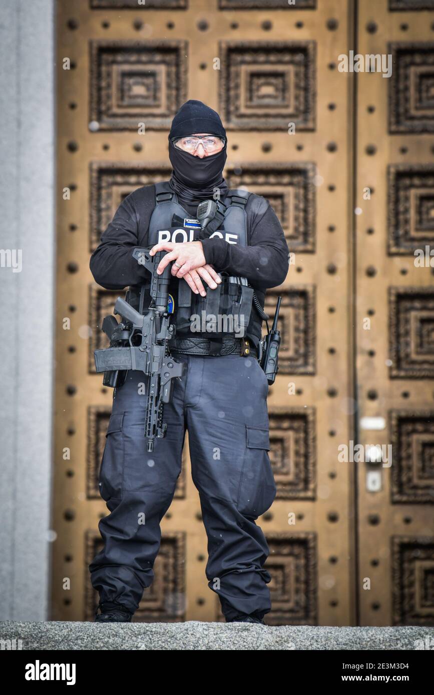 Law enforcement officers protect the Vermont State House (capitol building) on January 17, 20201 in the wake of the Jan. 6th attack on the US Capitol. Stock Photo