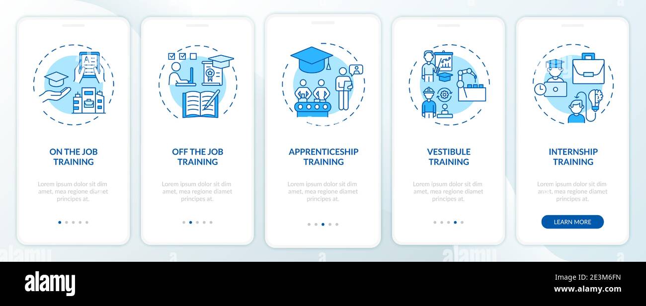 Staff development methods onboarding mobile app page screen with concepts Stock Vector