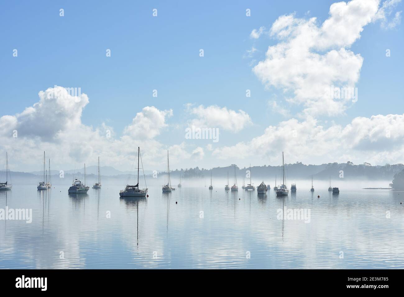 Moorage with recreational vessels in calm harbour emerging from morning low lying fog. Stock Photo